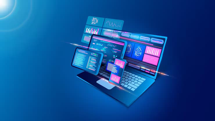 Illustration of a laptop, tablet and phone displaying dashboard and code panels